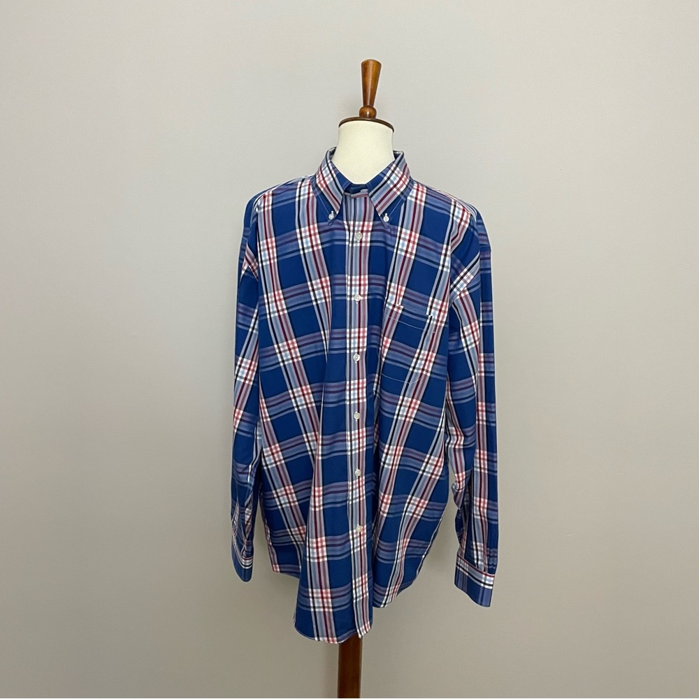 Brooks Brothers Shirt Madison Plaid Non Iron Button Up Pocket Blue Red White
